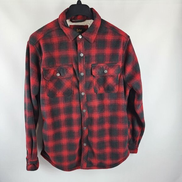 Lee Jacket Mens M Black & Red Plaid Sherpa Button Up Shacket Pockets NWT - Picture 1 of 9